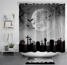 Halloween Night Moon Bat and Dead Tree Shower Curtain Bathroom Accessories Set
