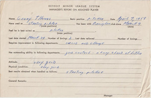 DETROIT TIGERS MINOR LEAGUE BASEBALL MANAGER'S REPORT PLAYER GEARY THOMAS  1958