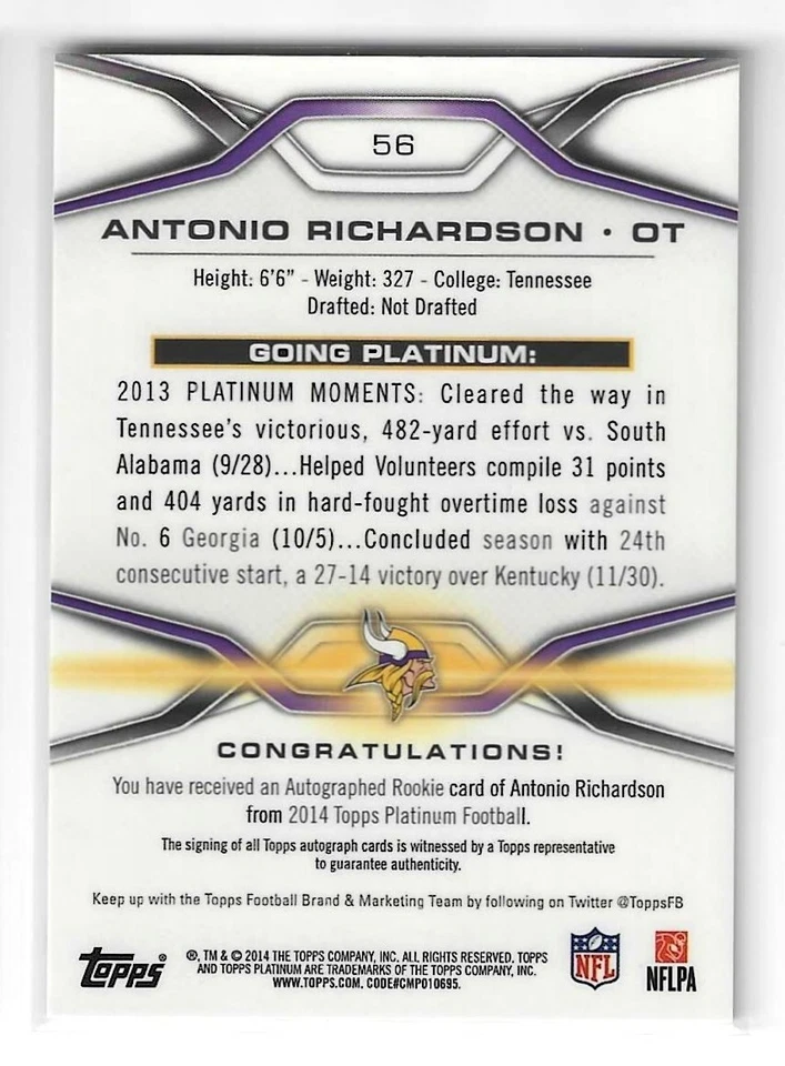 ANTONIO RICHARDSON 2014 TOPPS PLATINUM ROOKIE REFRACTOR AUTO VIKINGS *EXC* - Image 2 of 2