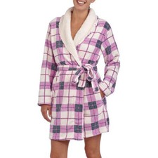 SUPER SOFT SHERPA COLLAR SHORT ROBE WOMEN LARGE XL PURPLE WINE LOVE PLAID