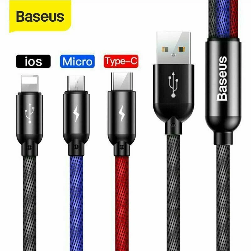 Baseus 3 in 1 Charger Cable USB to Type C Micro USB Charging Lead for  iPhone