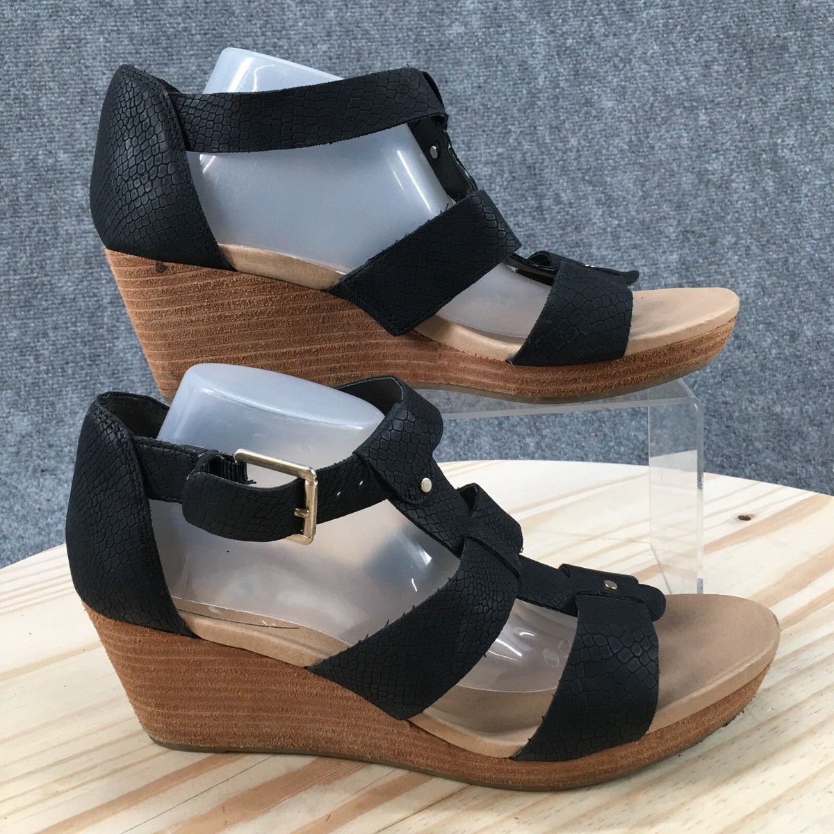 Dr Scholls Sandals Womens M Barton Ankle Strappy Wedge Black Faux  Leather