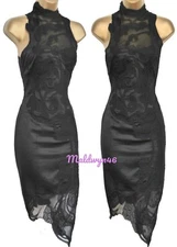 KAREN MILLEN ✩ VINTAGE BLACK SILK LACE EMBROIDERED PENCIL COCKTAIL DRESS ✩ UK 16
