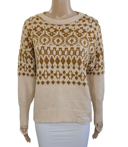 NSF Beige Elsa Intarsia Distressed Crew Neck Boyfriend Sweater Sz S - Picture 2 of 6
