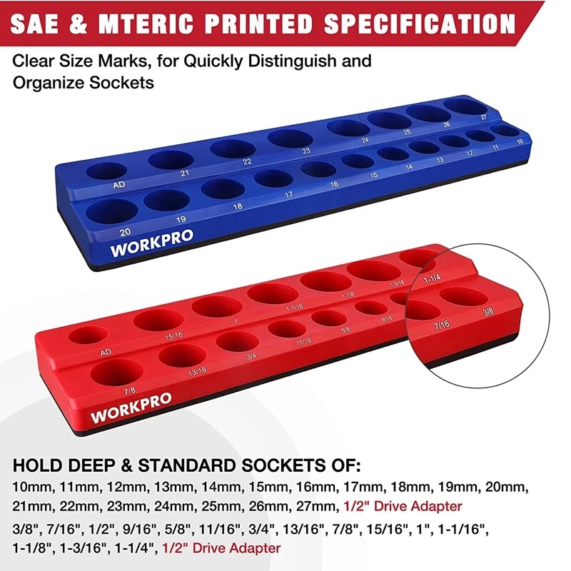 WORKPRO 2PC 1/2" Magnetic Socket Organizer Set Socket Holder Cart Set SAE Metric - Image 4 of 4
