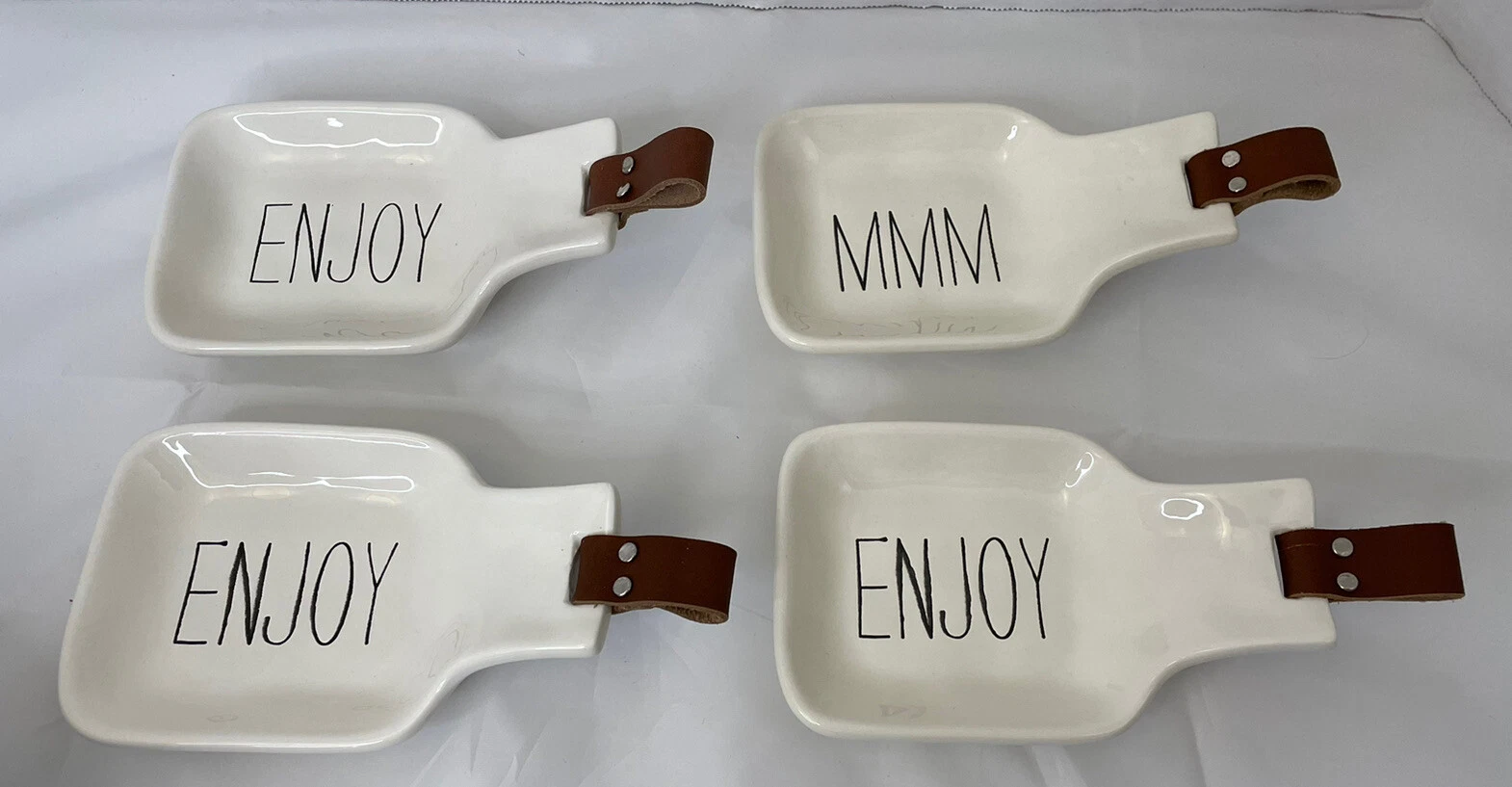 4 - Mud Pie White Enjoy MMM Pottery Leather Appetizer Tasting Dishes Plates -NEW