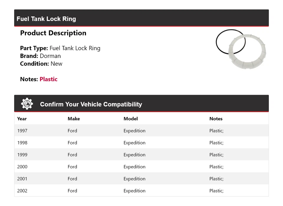For 1997-2002 Ford Expedition Dorman Fuel Tank Lock Ring 1998 1999 2000 2001 - Image 2 of 4