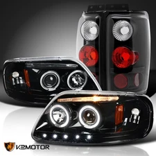 Fits 1997-2002 Expedition Jet Black Halo Projector Headlights+Black Tail Lamps