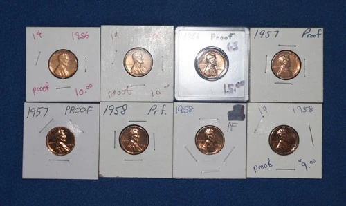 1956-1958 Proof Lincoln Wheat Cent Lot - 8 Proof Coins