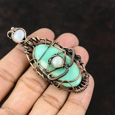 Chrysoprase Gemstone Rainbow Moonstone New Wire Wrapped Evil Eye Pendant Copper