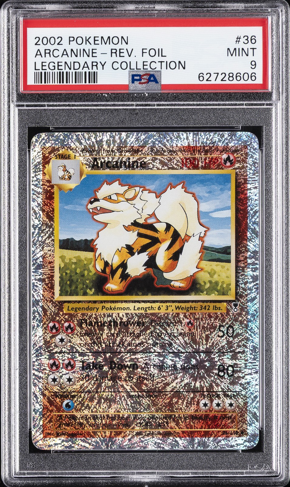 2002 POKEMON LEGENDARY COLLECTION #36 ARCANINE-REVERSE FOIL PSA 9