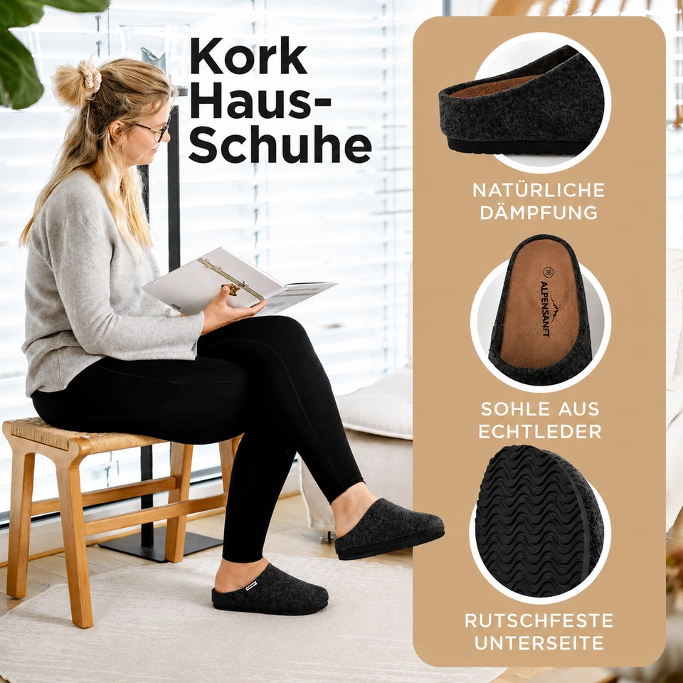 Alpensanft Clogs Hausschuhe Damen Herren Filz, Kork, Innensohle Echtleder 36-46 - Bild 4 von 4