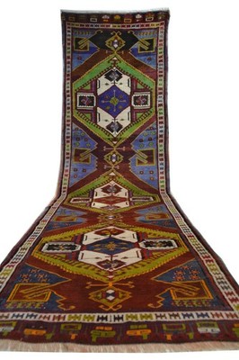 nr 4546 hand knotted vintage carpet Kazak Turkey runner wool approx. 438 x 127 cm