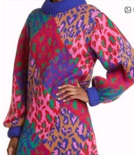 NEW Farm Rio Mixed Leopard Pop Sweater Dress S Long Sleeve Animal Print Chunky