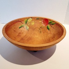 VTG MID-CENTURY 3-FOOTED HAND TURNED WOOD BOWL W/HAND PAINTED FRUIT-13.5" DIAM