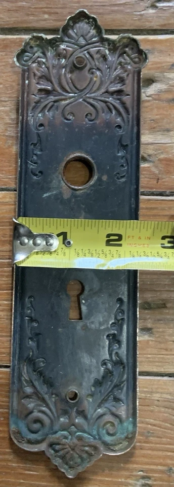 Par de placas traseras antiguas victorianas CORBIN “LORAINE” CA 1900 PERILLA PUERTA 8,5” Foto 3 de 4
