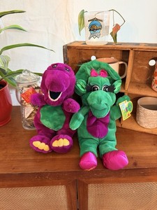 Vintage Barney & Baby Bop 13" Plush Set Lot x 2 Lyons Group Stuffed 1992 - READ