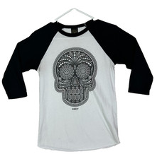 Obey Skull Shirt Mens XS 3/4 Sleeve Crewneck Made in USA Colorblock Raglan