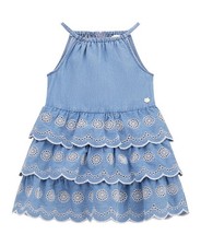 $69 Guess Kids Denim Eyelet Scallop Ruffle Halter Dress Girls 14 Blue White Boho