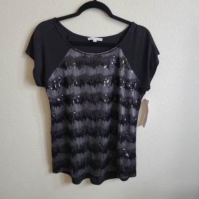 Notations NWT Black/Silver Sequined/Metallic Short Sleeve Top Ladies Size Large