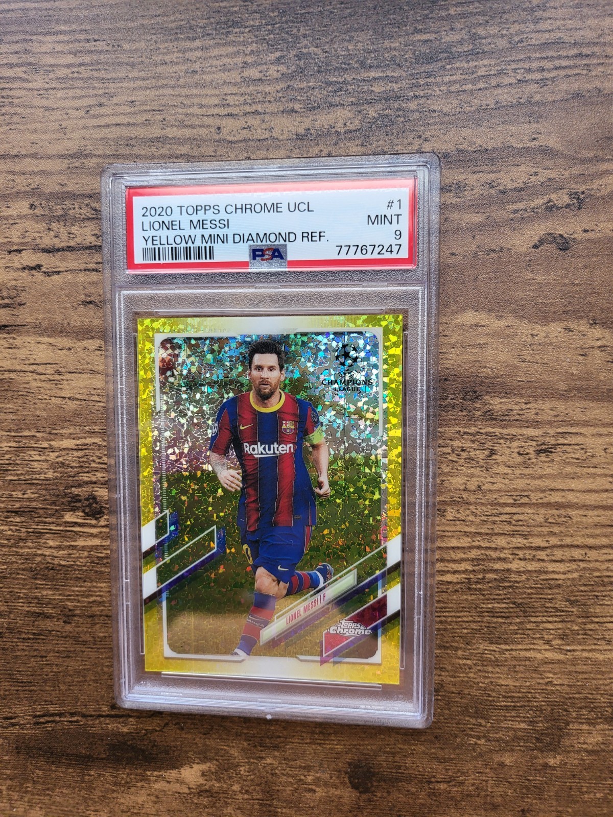 2020 TOPPS CHROME UCL! LIONEL MESSI! YELLOW MINI DIAMOND! #/299! PSA 10!