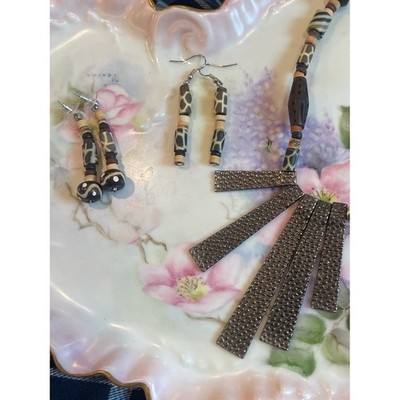 Beaded Brown and Cream Statement Necklace with Matching Earrings - Unbranded