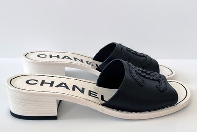 NEW 22S CHANEL BLACK CALFSKIN LEATHER SLIDES MULES SANDALS 37 | eBay