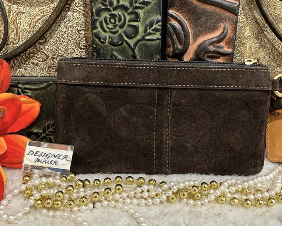Authentic COACH Suede Embossed Sequined Chocolate Brown Wristlet