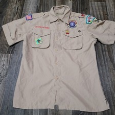 Boy Scouts of America BSA Youth Shirt Tan Large Patches Short Sleeve Pins