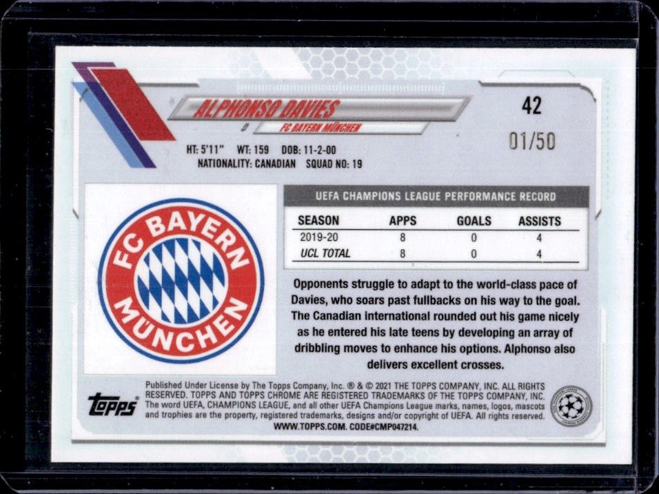 2020 Topps Chrome Sapphire UEFA Alphonso Davies Refractor Orange #/50 view 2