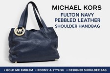👜Michael Kors Women Fulton Blue Shoulder Handbag Navy Pebbled Leather MK Emblem