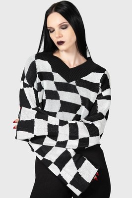 Killstar Wicked Games Sweater 4Xl Black White V-Neck Long Sleeve Women New Goth