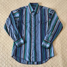 Vintage Wrangler Shirt Striped Western Pearl Snap X-Long Tails 90s - Med 15.5-33