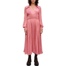 Maje Riannette Satin Ruffled V-Neck Elasticized Midi Dress In Rose NWT Size 38