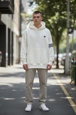 Adidas Neu Classic HD 3 Stripes Hoodie Mens Size XL Beige Trefoil Sweatshirt