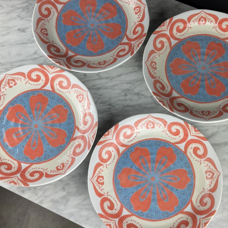 Set Of 4 Anthropologie 10.5" Dinner Plates Blue & Red Orange Flower Japan - Image 3 of 4