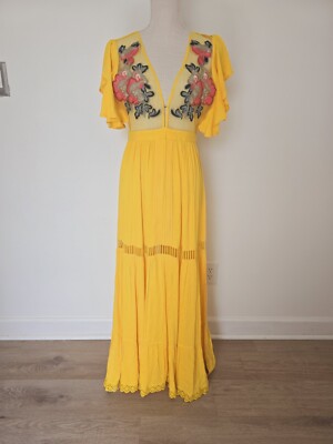 Cleobella Amery Yellow Floral Embroidered Sheer Boho Long Maxi Dress XS V-neck