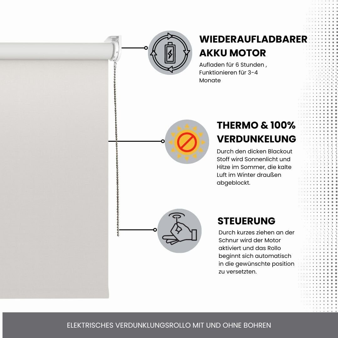 Rollo,Verdunklungsrollo mit Elektrisches Zugmotor aufladbar,Klemmfix Wand, Decke