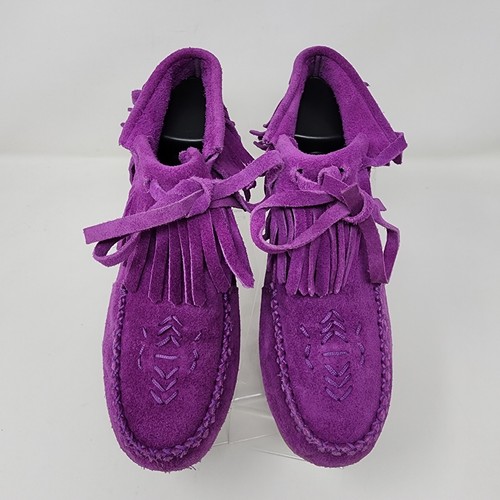 Lands End Mocassin Bootie Womens 6.5 Purple Clover Flower Fringe Flat Shoes - Picture 5 of 8