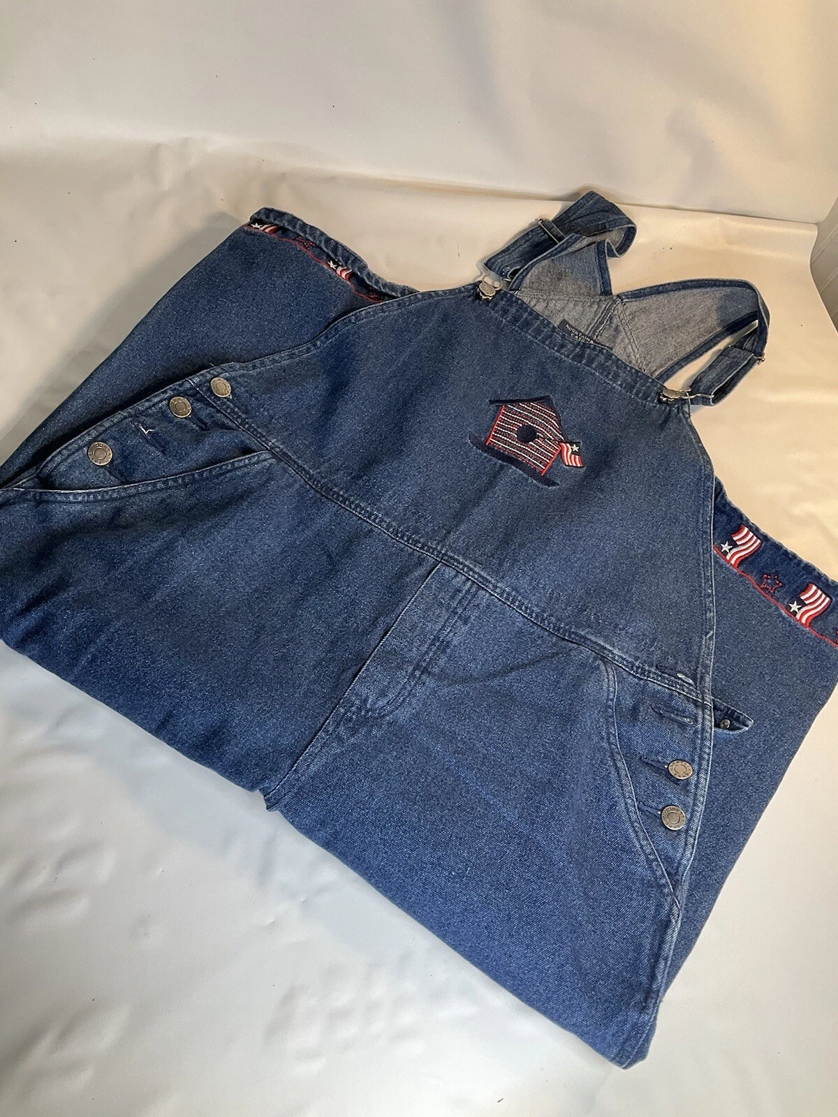 Vtg Y2K American Flag Womens Capri Bib Overalls Denim 37x18.5 Cute Outdoors L