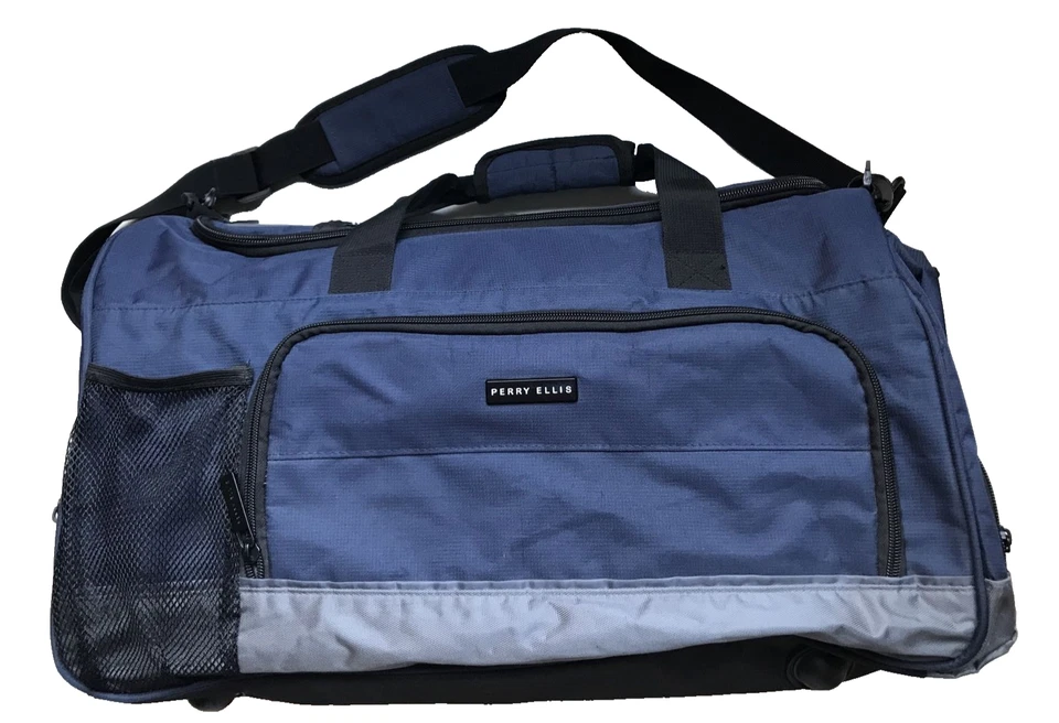 Perry Ellis 22 英寸海军蓝行李袋隔夜周末旅游健身房多口袋 — 第 2/4 张图片
