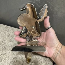 Santa Claus Christmas Holiday Stocking Holder Hanger Polished Chrome Metal VGC!