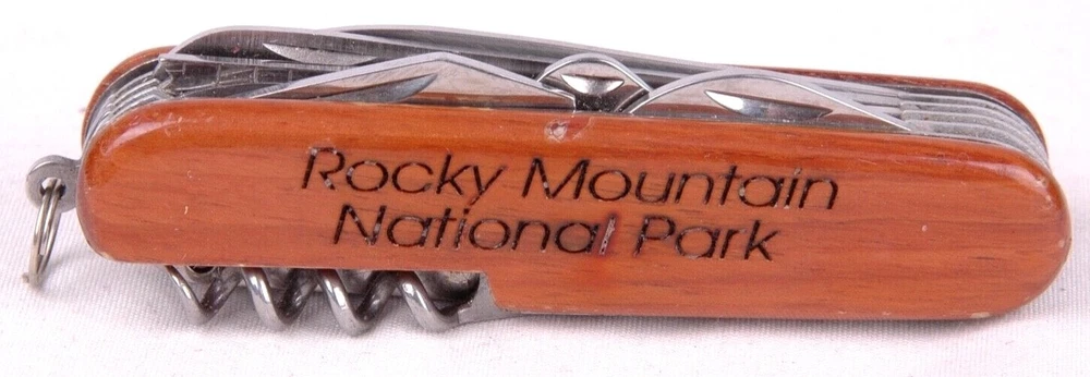 Multi Tool 3 1/2" Pocket Knife Engraved Rocky Mountain National Park Wood Handle