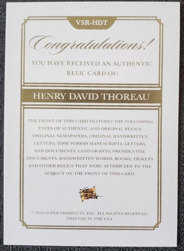 2024 Henry David Thoreau Author Naturalist Relics Of The Past SP Card #VSR-HDT - Picture 2 of 2