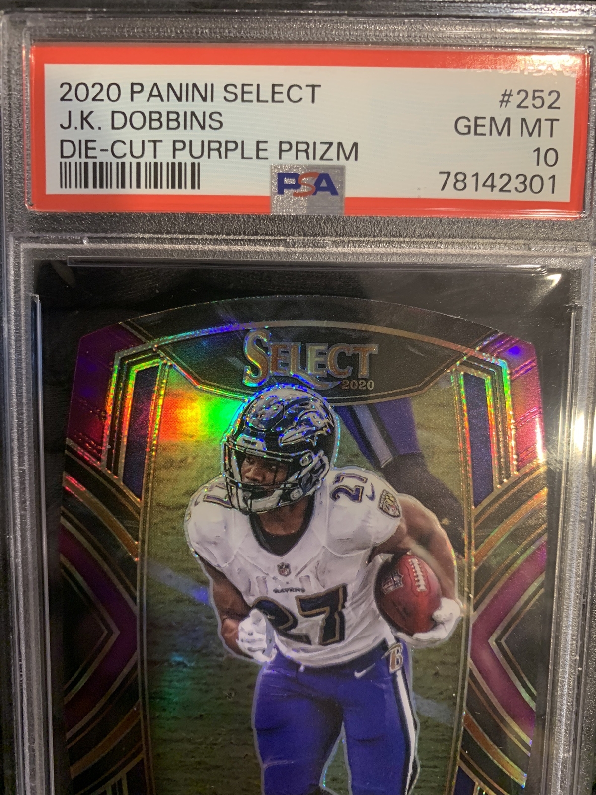 2020 Panini Select JK Dobbins Die-Cut Prizm Purple #252 PSA 10 Gem Mint Pop 2 view 7