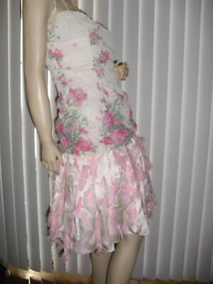 Nancy Bracolini,sz 4,S,puckered,pink roses,boned,feathers,vintage,redesigned.WOW