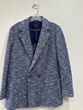 Talbots Blazer Jacket Women's 12 Blue White Marled Tweed Double Breasted Pockets