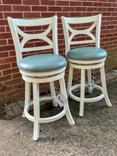 Pair Of Cream Counter Stool w/ Blue Faux Leather Seat by Powell