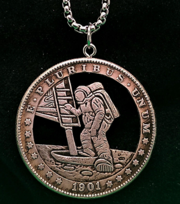Cut Coin Necklace NASA First Man on the Moon American Apollo Hobo