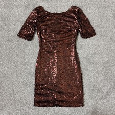 Sequin Dress Womens Small Brown Bodycon Short Sleeve Party Cocktail Mini